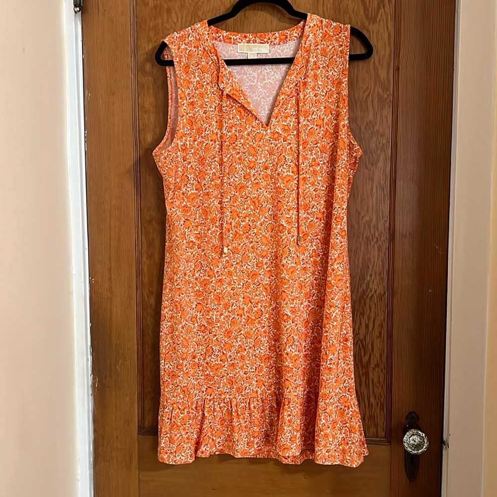 Michael Michael Kors Orange Floral Motif Dress with Gold Detail - XL